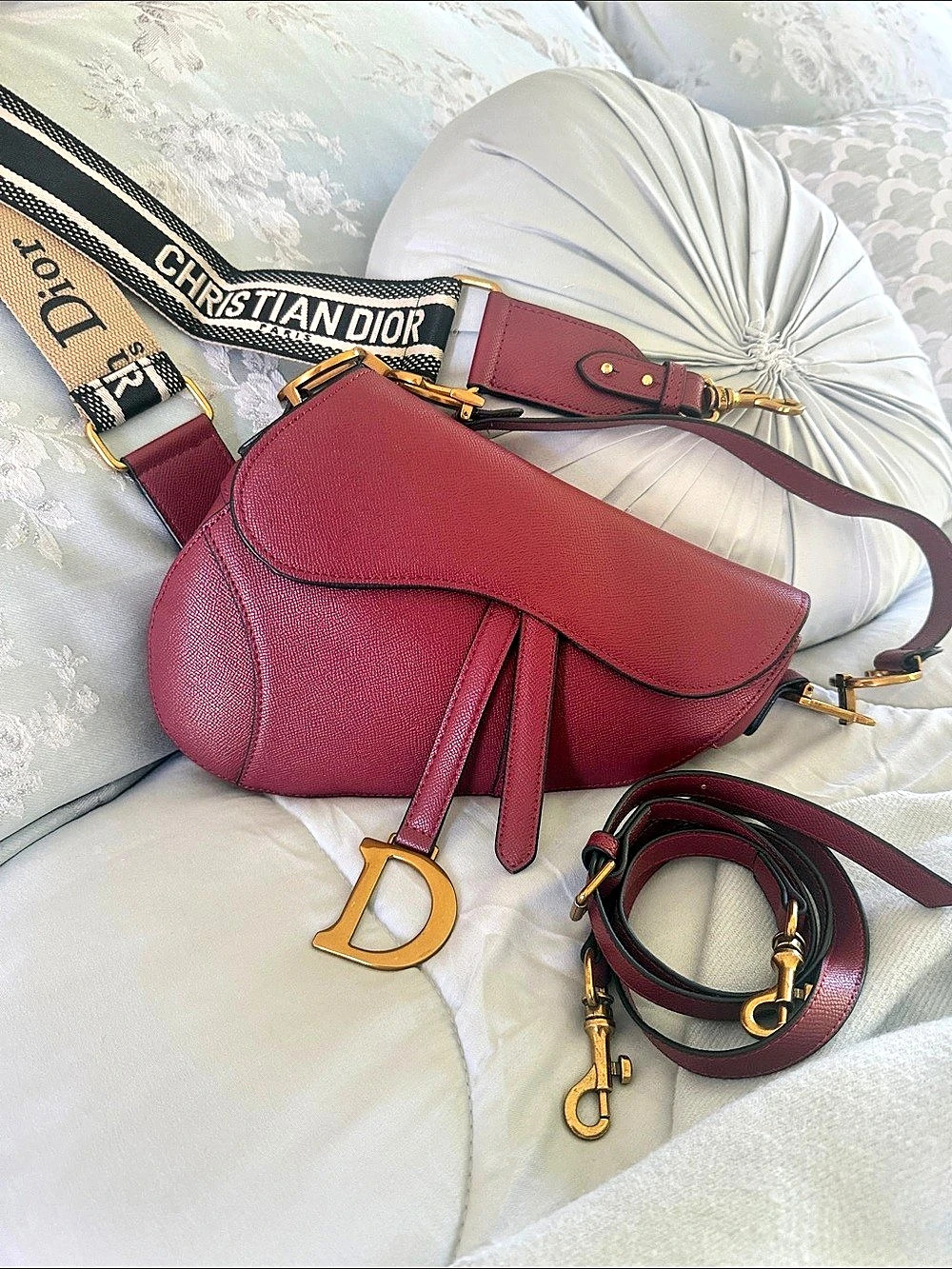 ChristiDior Grained Calfskin Saddle Bag with Strap in Burgundy & Black